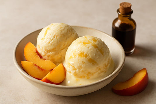 Scoops of vanilla peach lemon custard ice cream in a ceramic bowl