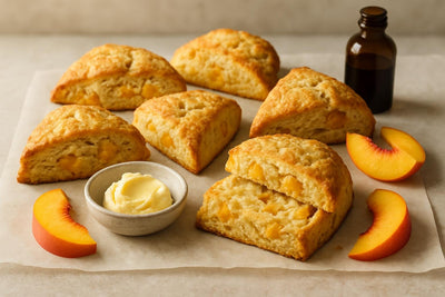 Vanilla Peach Lemon Scones on parchment