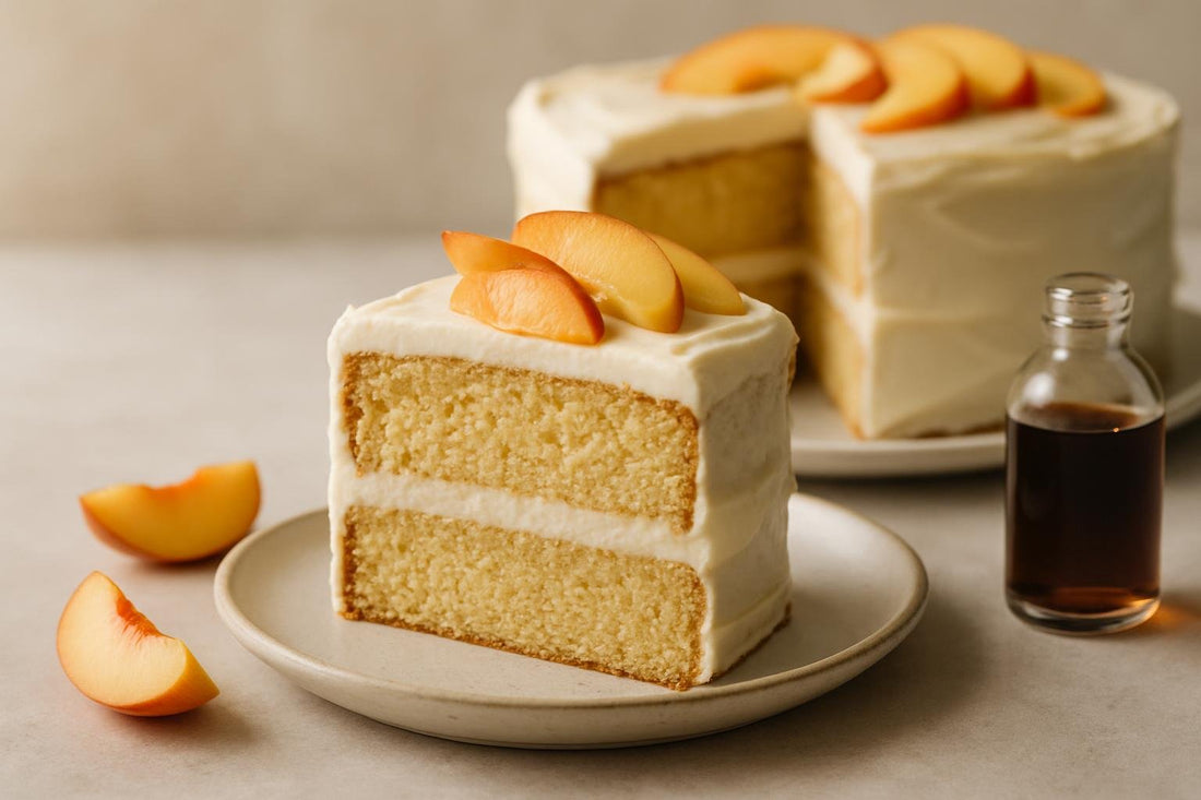 Slice of vanilla peach maple cake