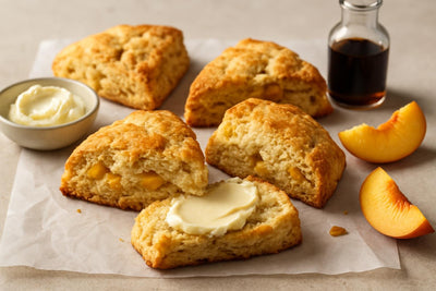 Vanilla Peach Maple Scones on parchment