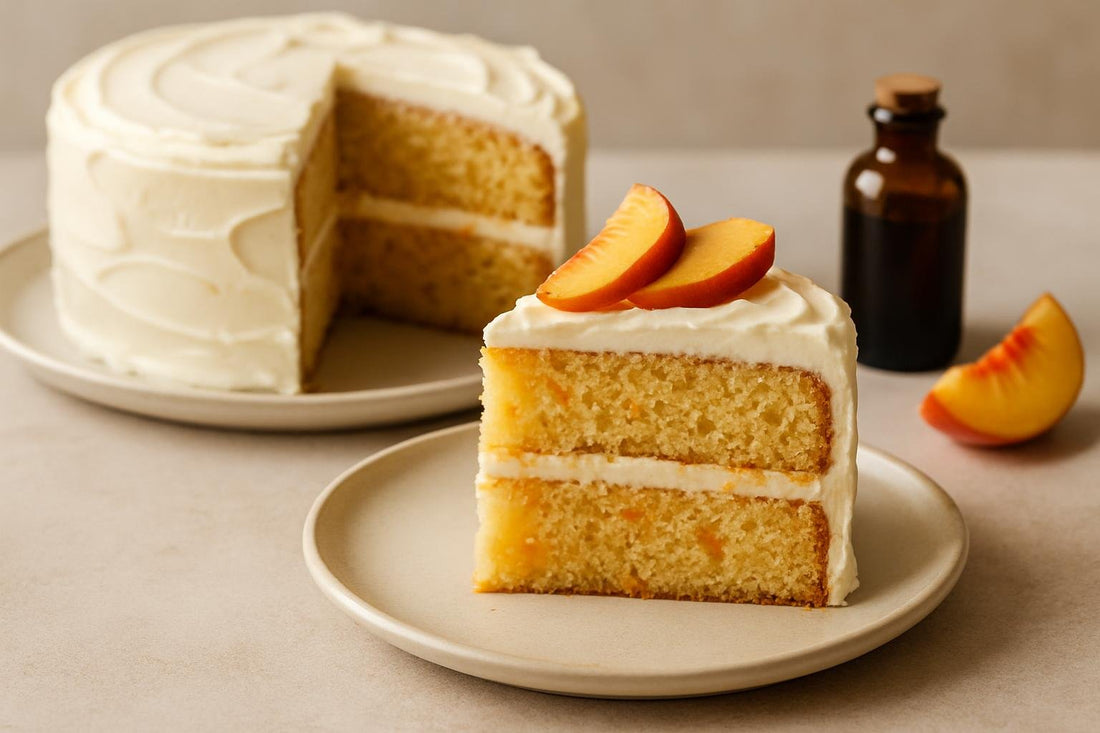 Slice of vanilla peach orange cake
