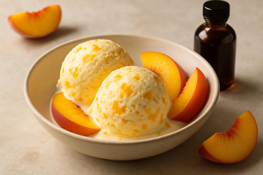 Scoops of vanilla peach orange custard ice cream in a ceramic bowl