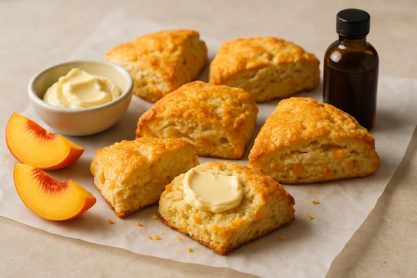 Vanilla Peach Orange Scones on parchment