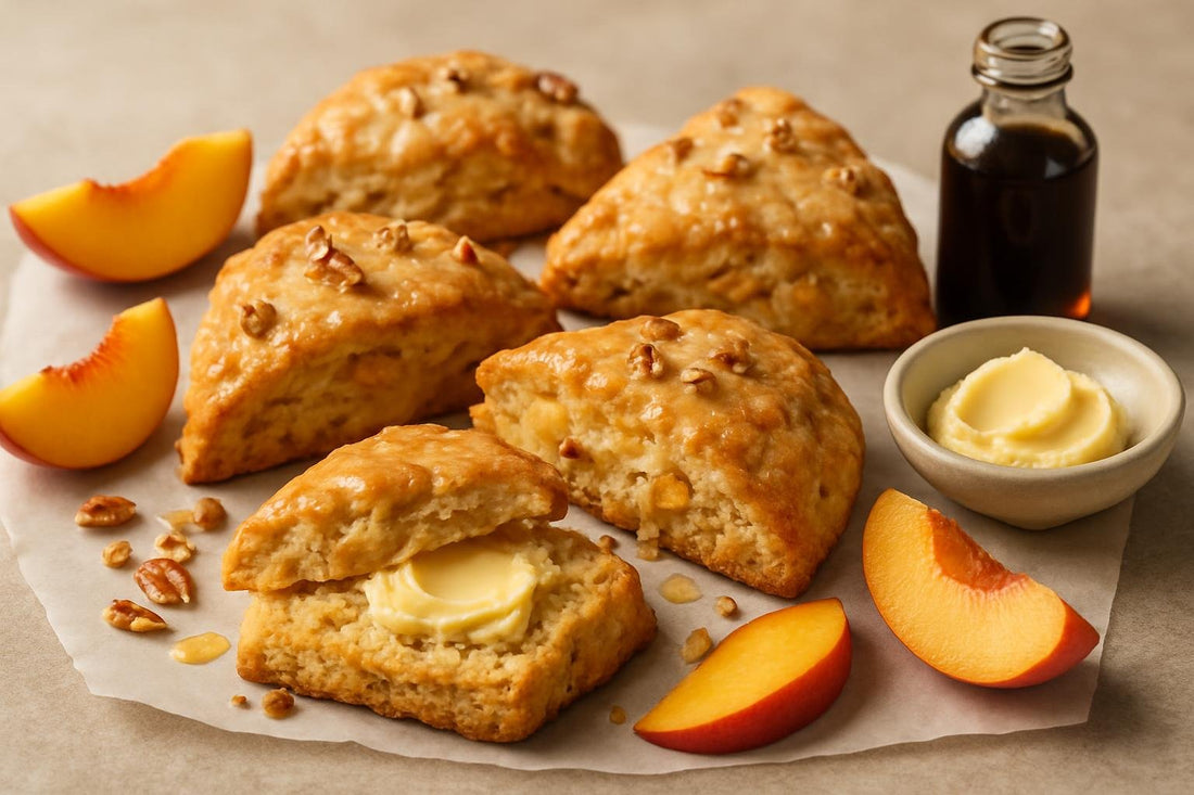 Vanilla Peach Scones on parchment