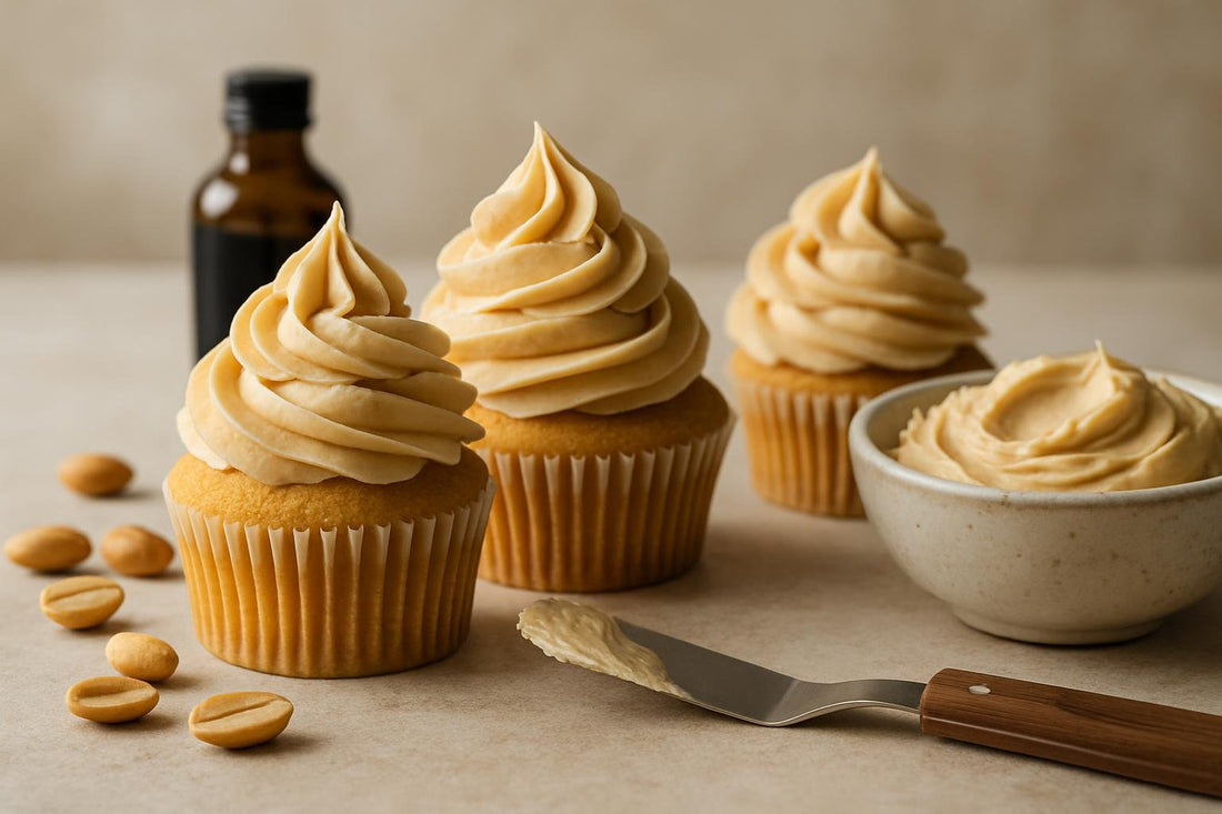 Cupcakes piped with vanilla peanut butter frosting
