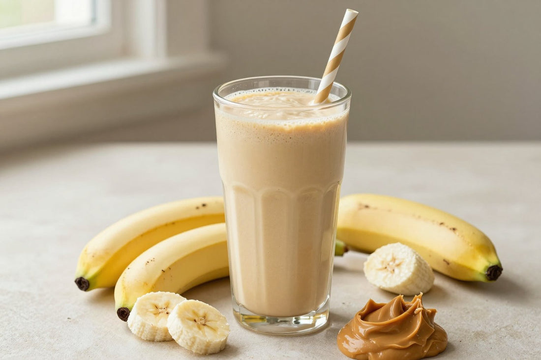 A tall glass of thick, creamy vanilla peanut butter protein shake with a straw, a few of its fresh ingredients beside it