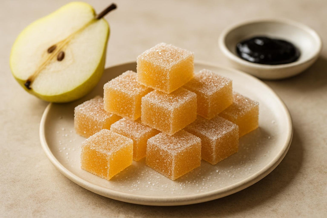 Squares of vanilla pear fruit jellies rolled in sugar