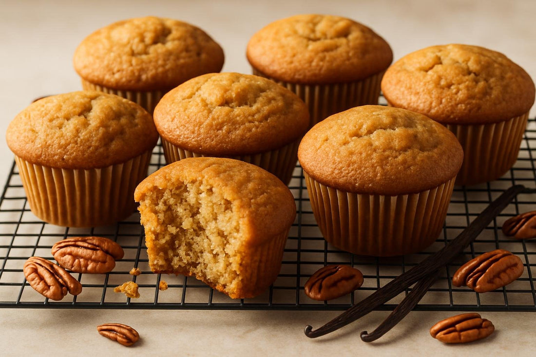 Vanilla Pecan Brown Sugar Muffins on a cooling rack