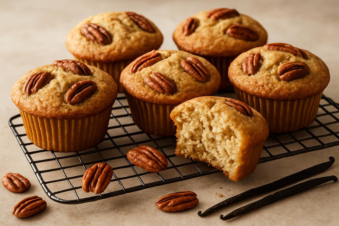 Vanilla Pecan Cardamom Muffins on a cooling rack