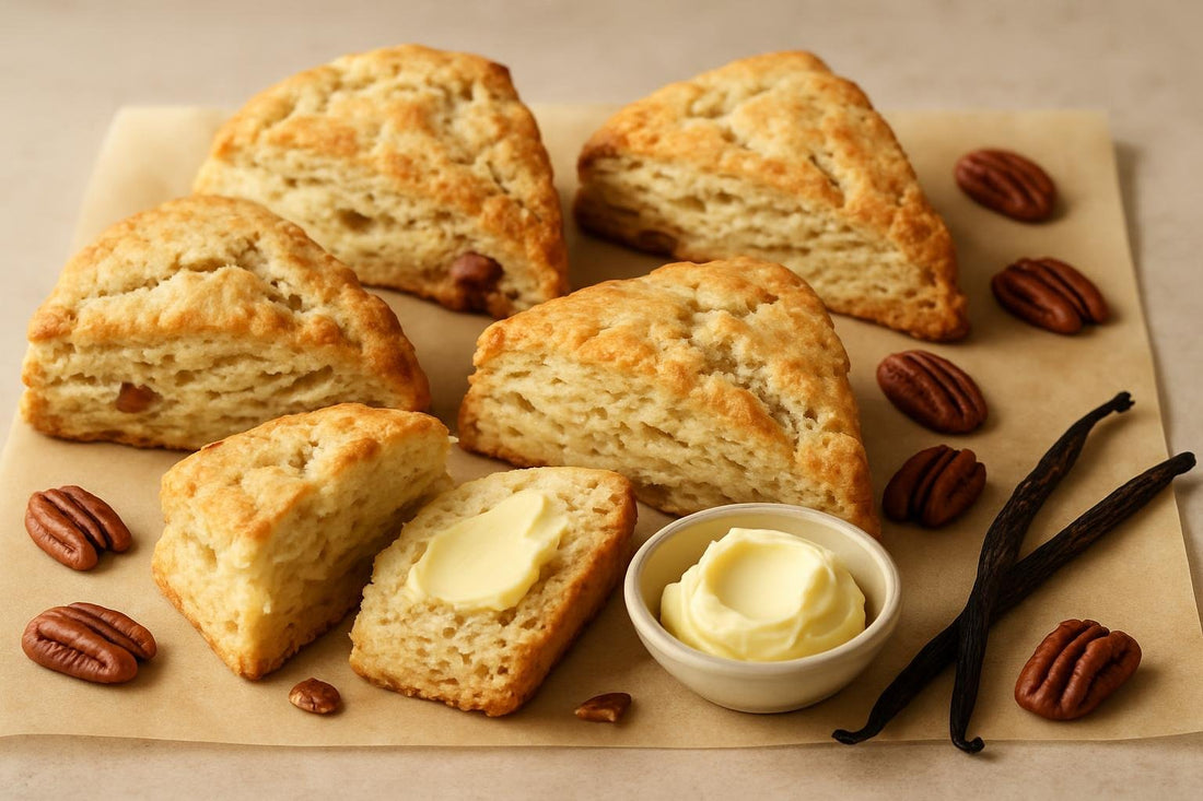 Vanilla Pecan Cardamom Scones on parchment