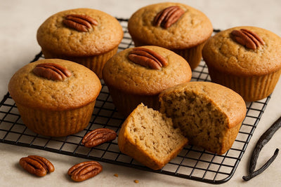 Vanilla Pecan Espresso Muffins on a cooling rack