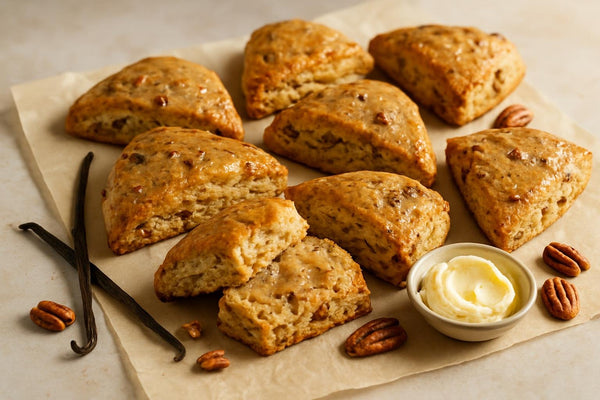 Vanilla Pecan Espresso Scones on parchment