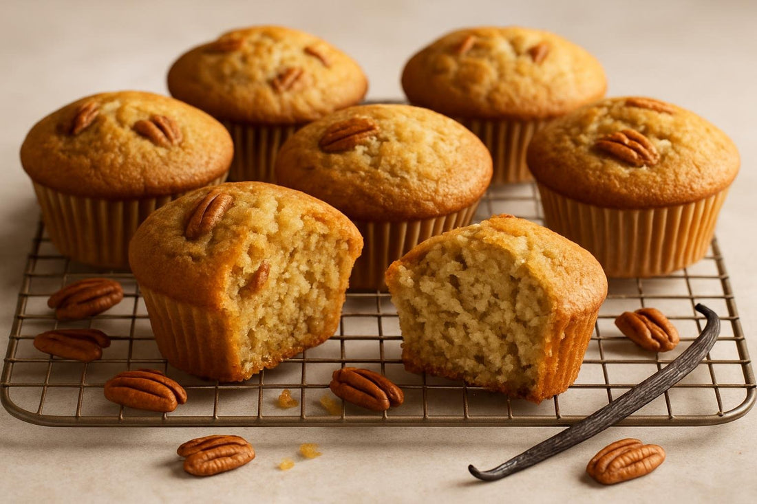 Vanilla Pecan Ginger Muffins on a cooling rack