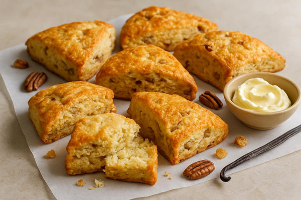 Vanilla Pecan Ginger Scones on parchment