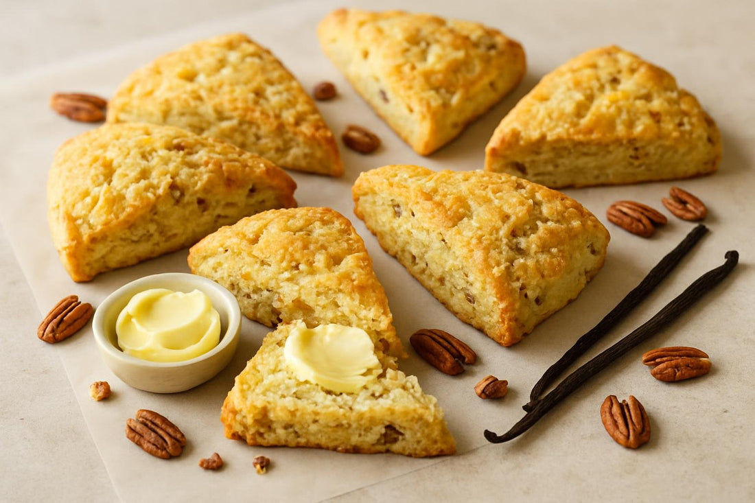 Vanilla Pecan Lemon Scones on parchment