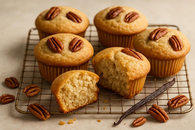 Vanilla Pecan Muffins on a cooling rack