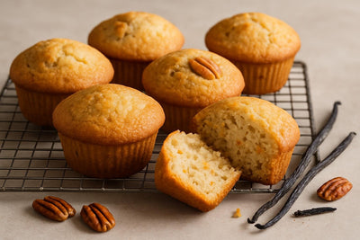Vanilla Pecan Orange Muffins on a cooling rack