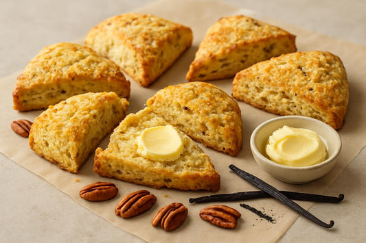 Vanilla Pecan Orange Scones on parchment