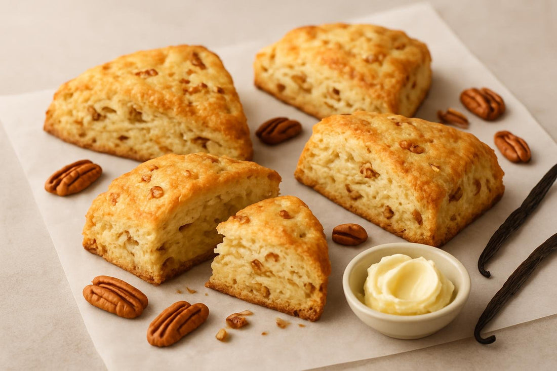 Vanilla Pecan Scones on parchment