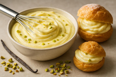 Bowl of vanilla pistachio pastry cream with a whisk