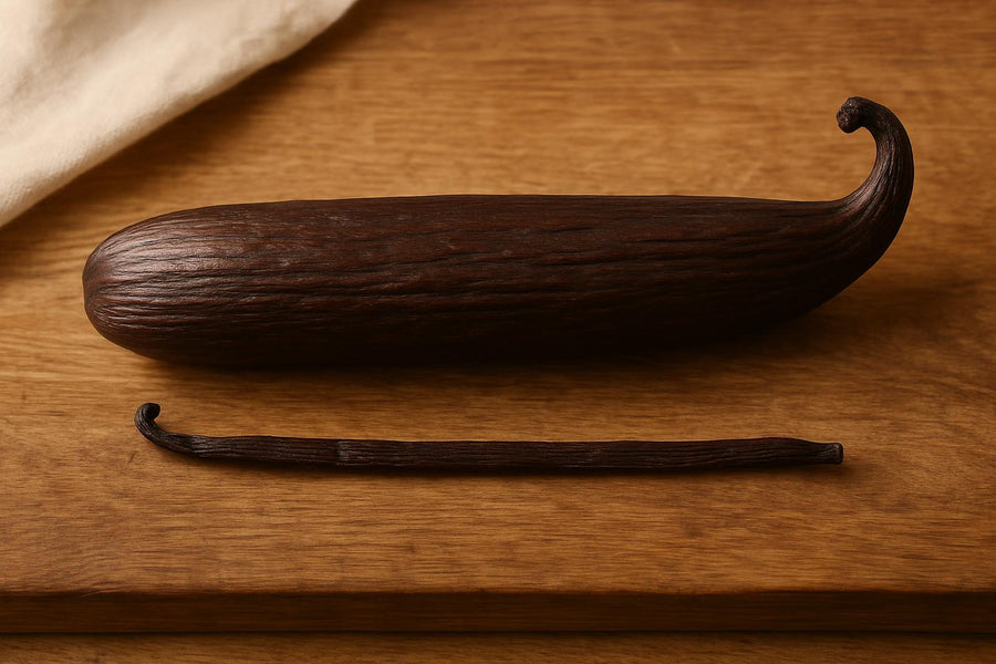 Vanilla pompona bean next to Madagascar planifolia bean showing size difference and thick cylindrical shape