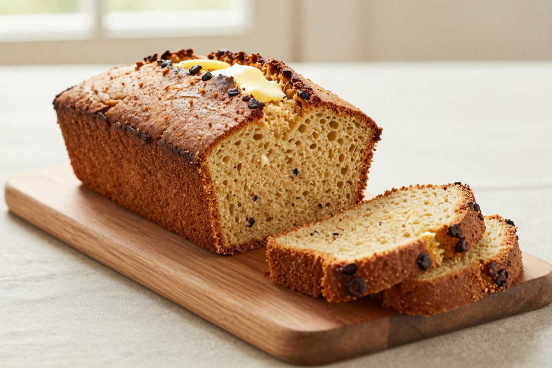 A loaf of vanilla pound-style quick bread on a wooden board, two thick slices cut to show the moist crumb