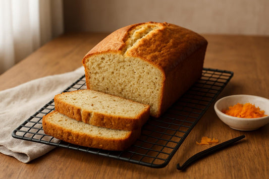 Vanilla Pound-Style Quick Bread loaf with sliced pieces on an oak board