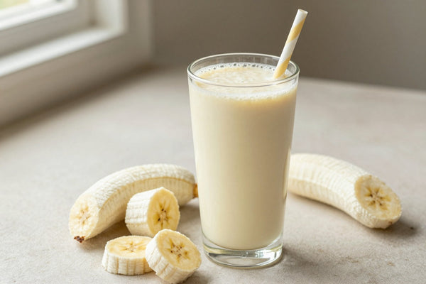A tall glass of thick, creamy vanilla protein shake with a straw, a few of its fresh ingredients beside it