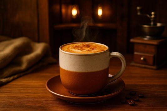 Vanilla Pumpkin Latte in a ceramic mug on an oak bar