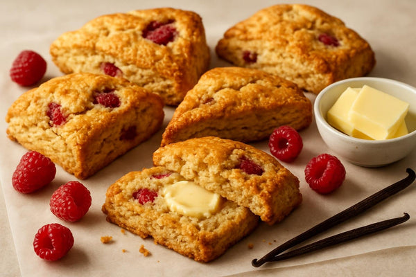 Vanilla Raspberry Brown Sugar Scones on parchment