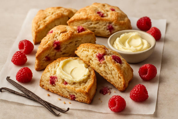 Vanilla Raspberry Cardamom Scones on parchment