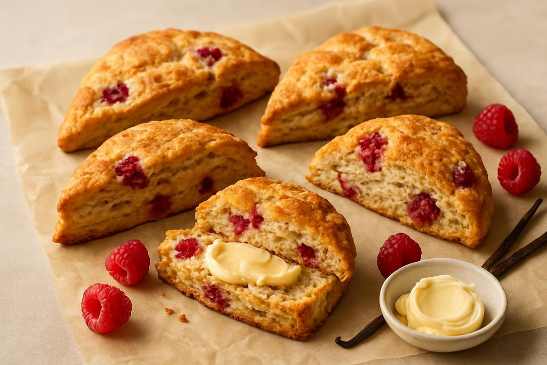 Vanilla Raspberry Cinnamon Scones on parchment