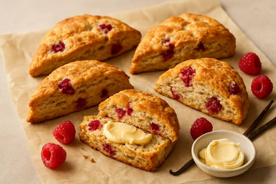 Vanilla Raspberry Cinnamon Scones on parchment