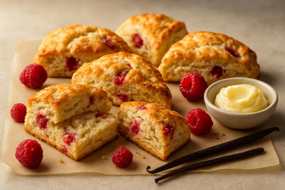 Vanilla Raspberry Cream Scones on parchment
