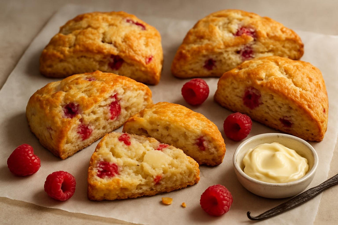 Vanilla Raspberry Ginger Scones on parchment