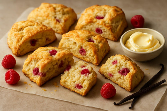 Vanilla Raspberry Lemon Scones on parchment
