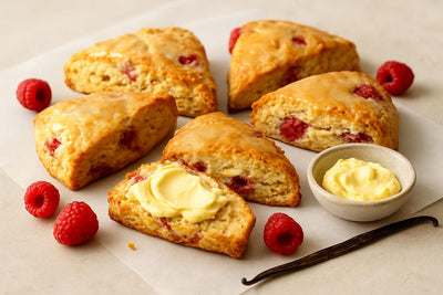 Vanilla Raspberry Maple Scones on parchment