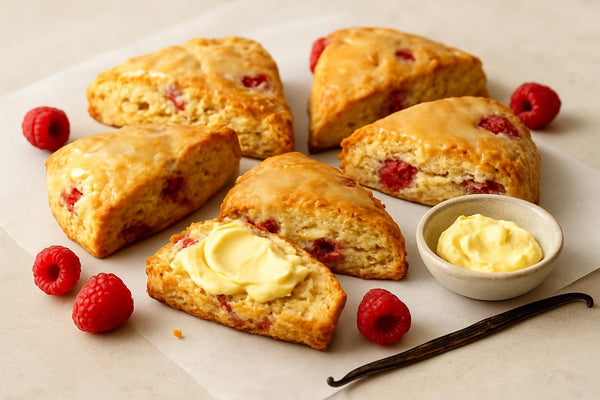 Vanilla Raspberry Maple Scones on parchment