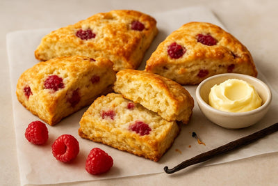 Vanilla Raspberry Orange Scones on parchment