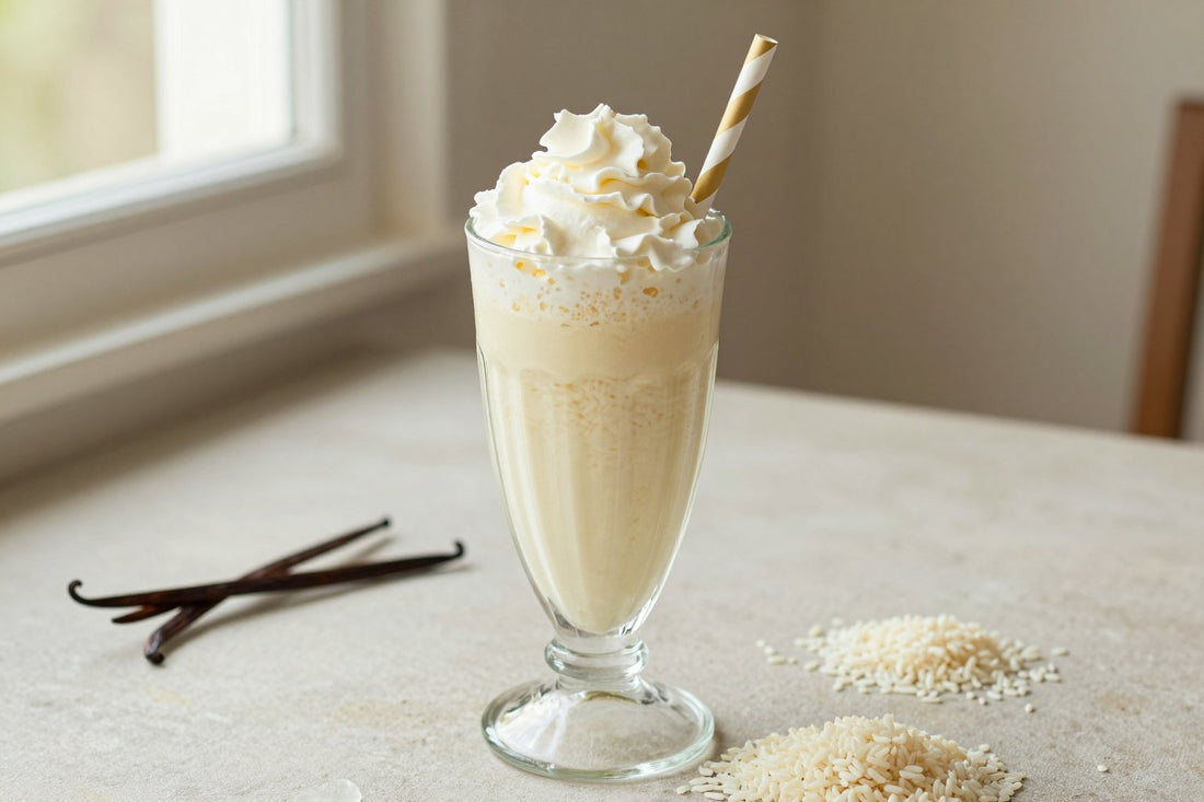 Vanilla Rice Pudding Milkshake in a glass