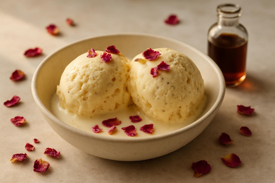 Scoops of vanilla rose cardamom custard ice cream in a ceramic bowl