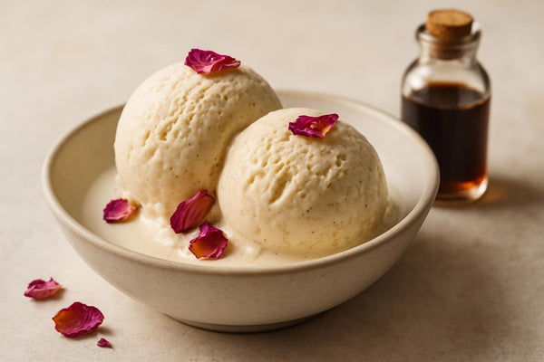 Scoops of vanilla rose cinnamon custard ice cream in a ceramic bowl