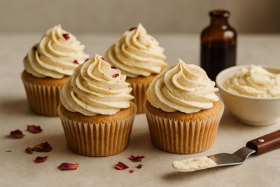 Cupcakes piped with vanilla rose ginger buttercream
