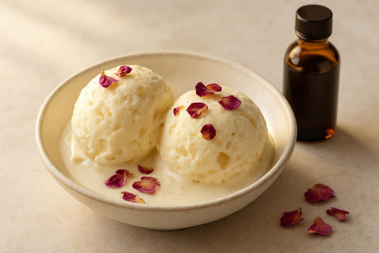 Scoops of vanilla rose ginger custard ice cream in a ceramic bowl