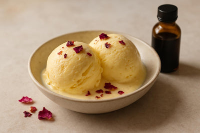 Scoops of vanilla rose lemon custard ice cream in a ceramic bowl
