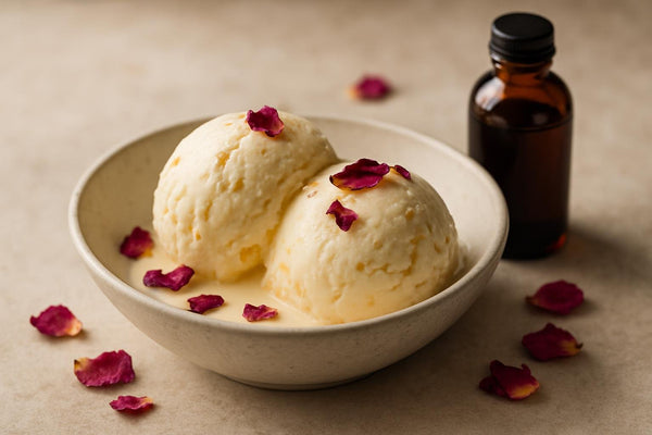 Scoops of vanilla rose orange custard ice cream in a ceramic bowl