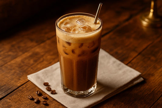 Vanilla Shaken Espresso in a glass on an oak table
