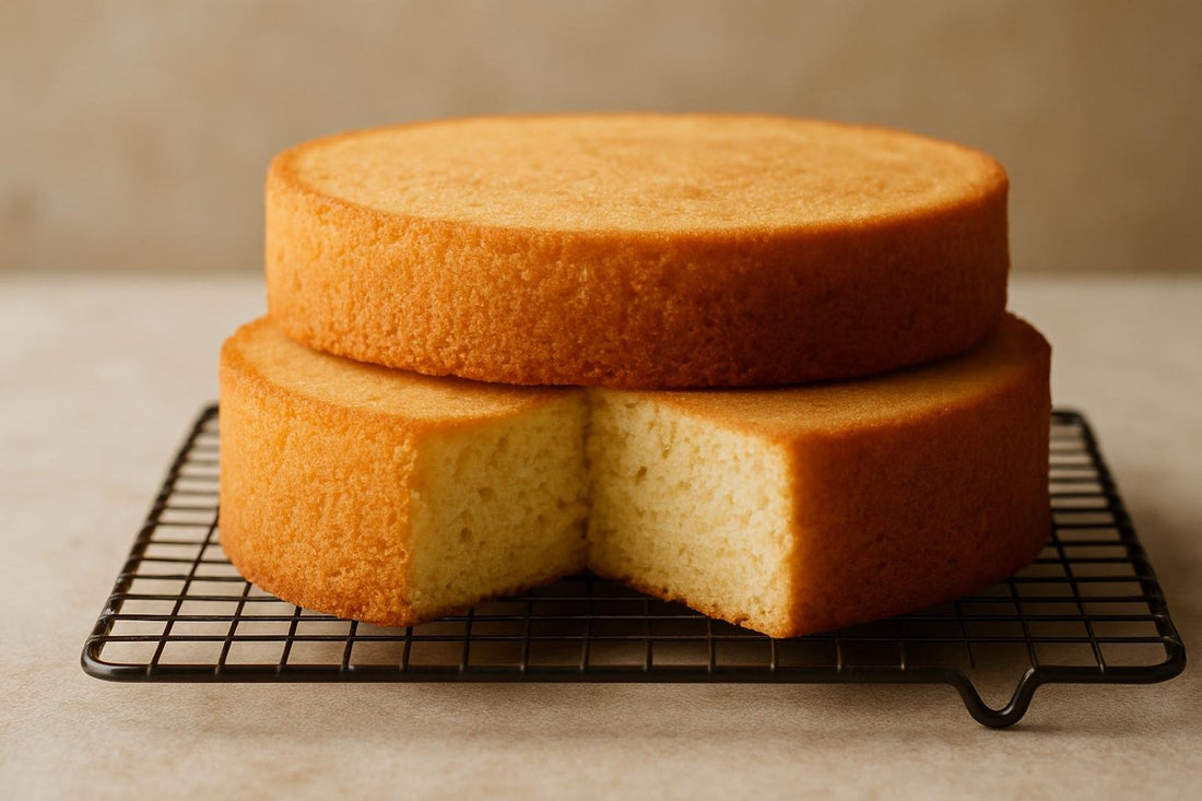 Two bare, level rounds of vanilla sponge cake layers stacked on a cooling rack with one slice cut to show the crumb