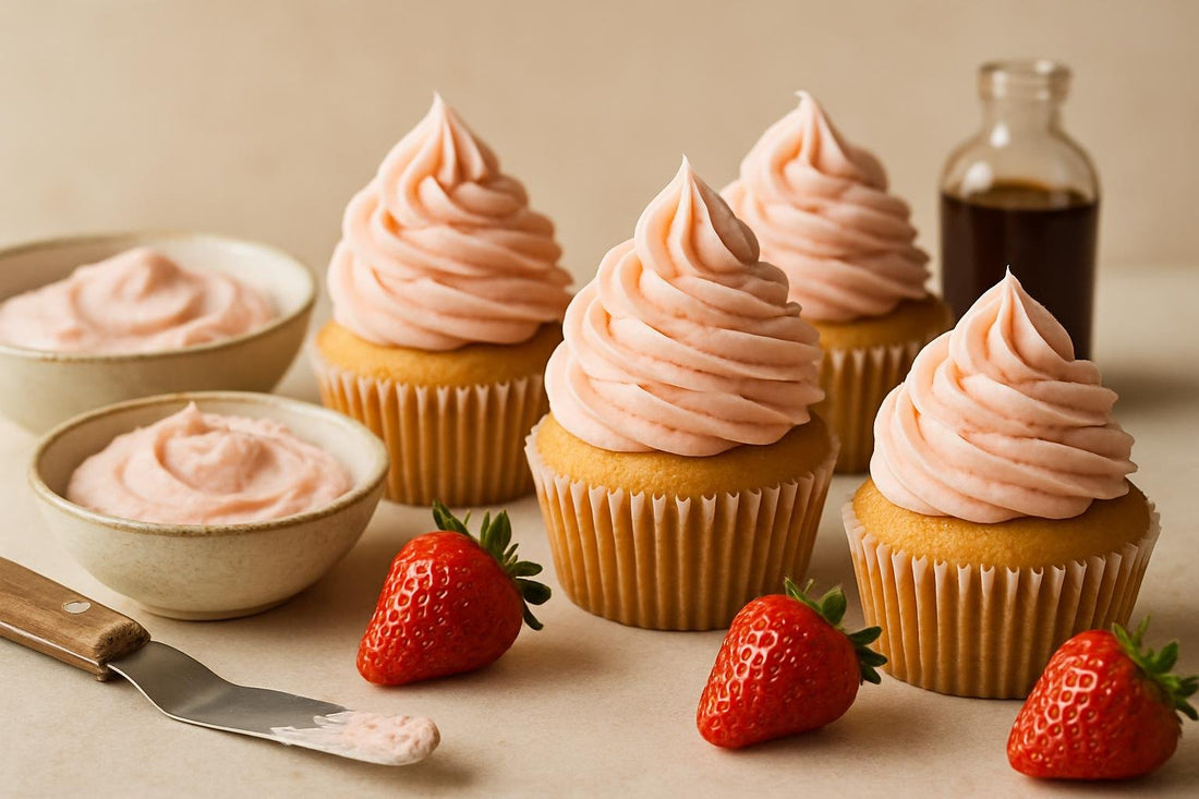 Cupcakes piped with vanilla strawberry cardamom buttercream