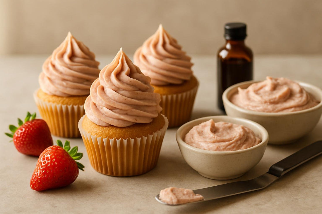 Cupcakes piped with vanilla strawberry cinnamon buttercream